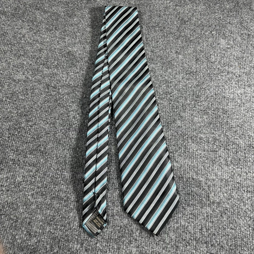 Alexander Julian Colours Mens Striped Necktie Black Light Blue Herringbone Tie